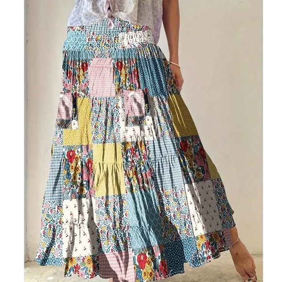 Plus Boho Floral Print Gingham Patchwork Stretchy Waist Maxi Skirt - Picture 2 of 4
